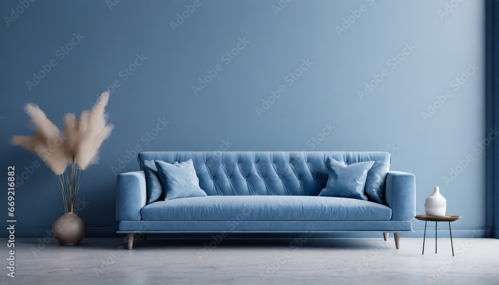 dusty blue sofa near the empty wall modern monochrome interior for mockup wall art promotion background with copyspace dusty blue sofa near the empty wall modern monochrome interior for mockup wall art promotion background with copyspace