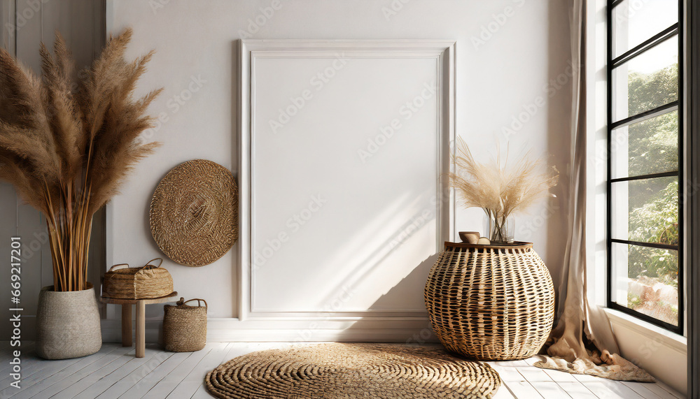 empty white wall mockup in boho entryway interior with wicker home decor and stand natural daylight from a window promotion background - obrazy, fototapety, plakaty 