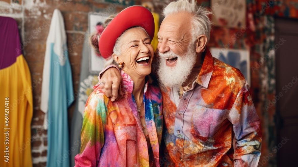 Happy senior couple in colorful outfits, laughing and having fun in fashion studio 
