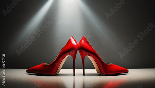 simple expensive luxury pair of red high heels real detail stage spotlight generative ai