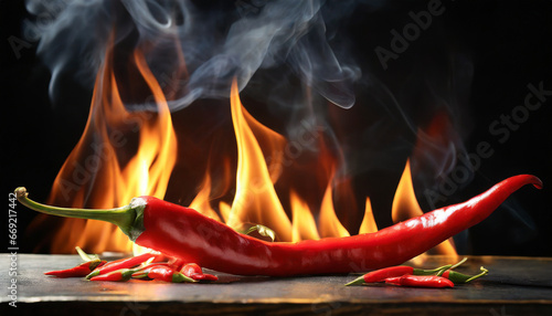 thin hot red pepper on table on black background with flame