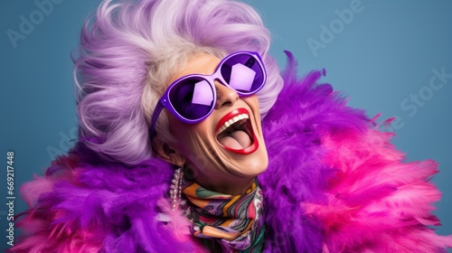 Happy senior woman in colorful purple outfit, cool sunglasses, laughing and having fun in fashion studio 