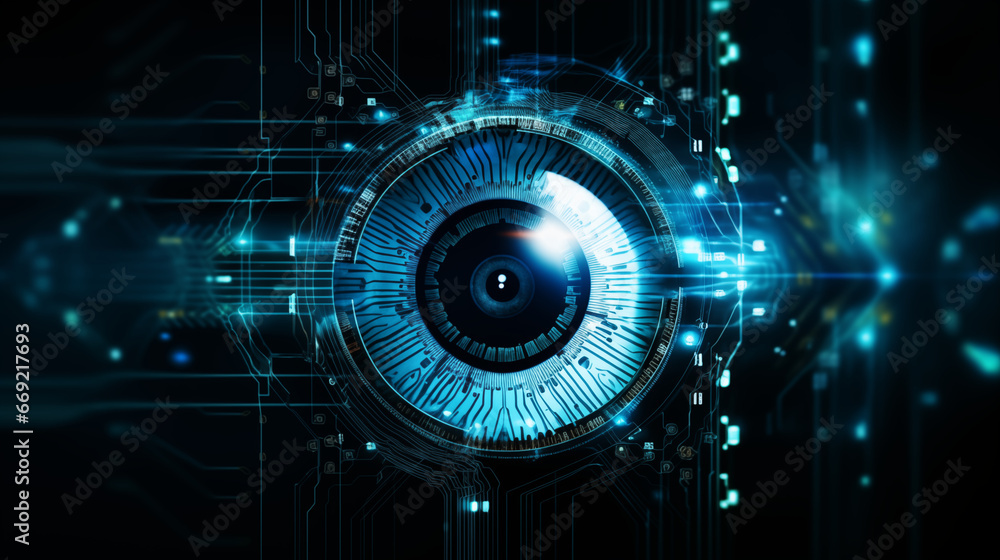 A digital eye scanning, symbolizing computer vision, Machine learning background, blurred background, with copy space