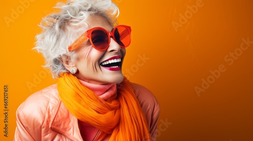 Happy senior woman in colorful orange outfit, cool sunglasses, laughing and having fun in fashion studio 