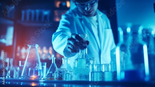 Scientist in laboratory analyzing blue substance in beaker, conducting medical research for pharmaceutical discovery, biotechnology development in healthcare, science and chemistry 