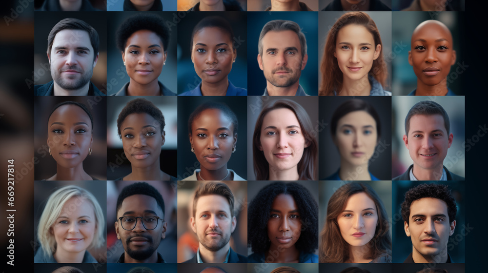 A collage of diverse faces, symbolizing facial recognition tech, Machine learning background, blurred background, with copy space
