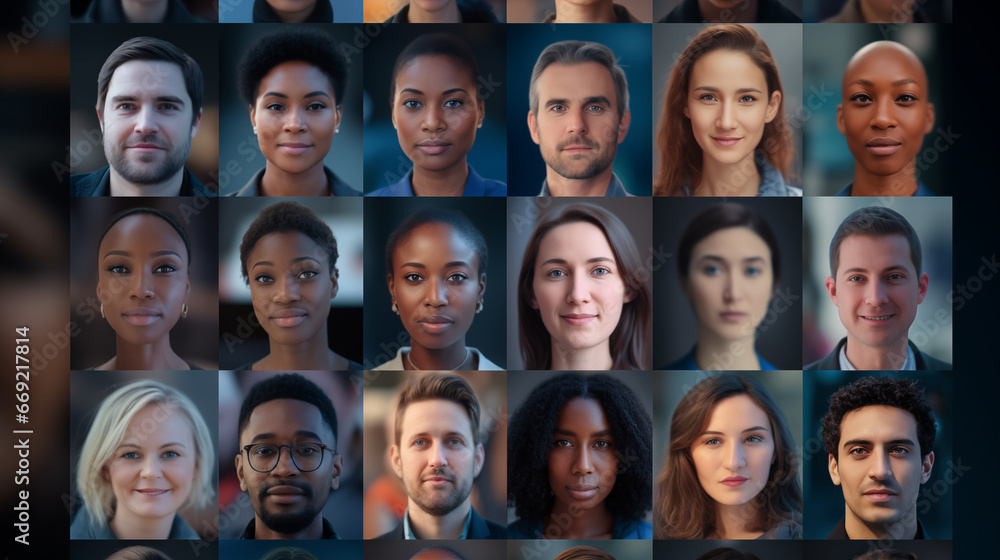 A collage of diverse faces, symbolizing facial recognition tech, Machine learning background, blurred background, with copy space A collage of diverse faces, symbolizing facial recognition tech, Machine learning background, blurred background, with copy space