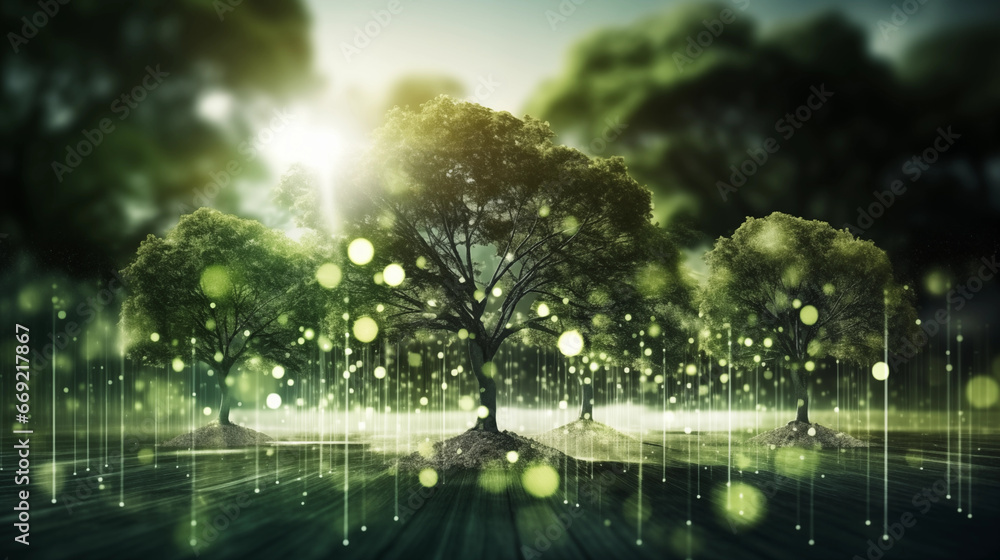 Obraz premium Digital trees and nature, symbolizing the growth of AI, Machine learning background, blurred background, with copy space