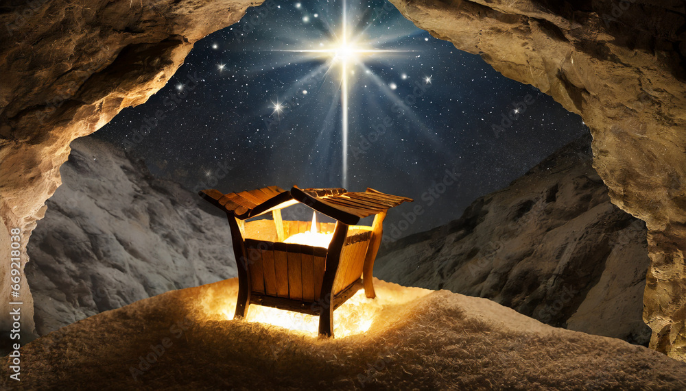 birth of jesus wooden manger and star of bethlehem in cave - obrazy, fototapety, plakaty 