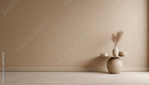 textured neutral beige wall copy space monochrome empty room with minimalist vase and table wall scene mockup product for showcase promotion background generative ai