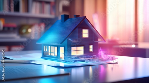 a concept holo 3d render model of a small living house on a table in a real estate agency. signing mortgage contract document and demonstrating. futuristic business. blurry background 