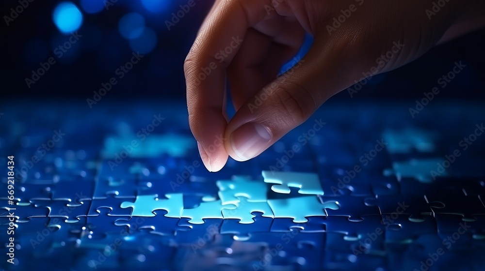 Completing blue jigsaw puzzles with the last piece on light leaked hole gap in dark room by hand background. Business success strategic solutions and problem solving challenge - obrazy, fototapety, plakaty 