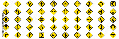 icon set navigational traffics signs arrow. yellow, black, and white background
