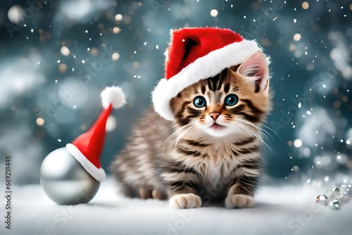 Generate an image of a playful kitten adorned with a tiny Santa hat and a miniature Christmas ornament necklace