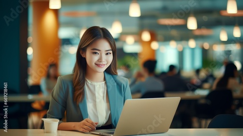 Young asian business woman using digita tablet and working on laptop computer at modern office. 