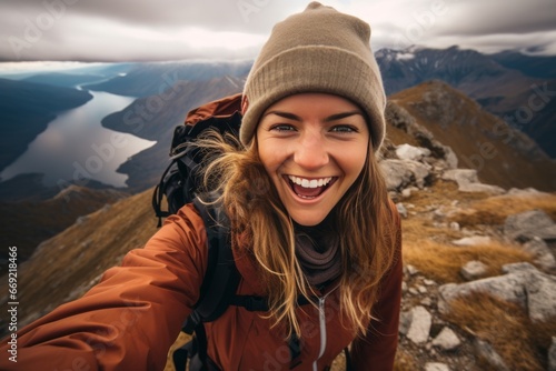 Photo of woman taking selfie on top of mountains with happy face generative ai © Gilang