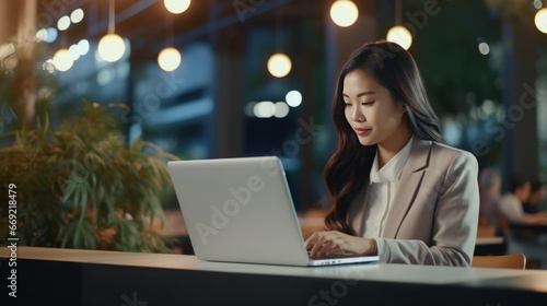 Young asian business woman using digita tablet and working on laptop computer at modern office.  photo