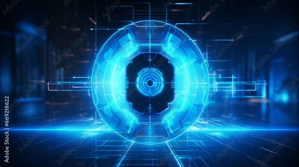 Futuristic cyber security shield guard blue abstract digital glowing background. Hacking technology computer network protection concept 