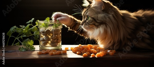 view of a hand feeding a cat by pouring cat food snacks
