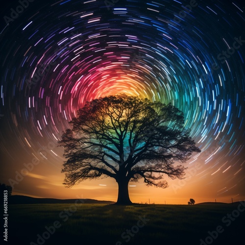 A tree with rainbow leaves star trail photography Ai generated art