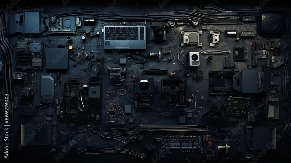 a knolling image of computer parts and servers strewn on a grungy concrete floor with hard contrast lighting from above casting deep black shadows against the floor a knolling image of computer parts and servers strewn on a grungy concrete floor with hard contrast lighting from above casting deep black shadows against the floor