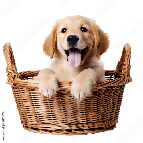 Cute dog in a basket on transparent background PNG. Cute animal concept.