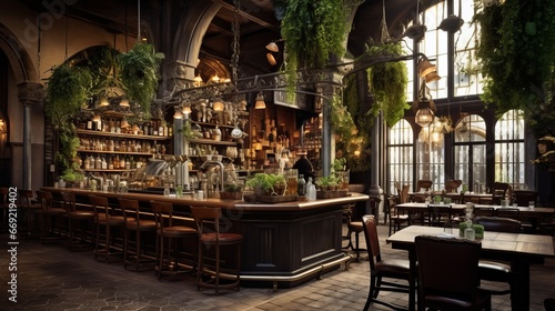 Fototapeta Naklejka Na Ścianę i Meble -  Realistic style photography of the interior of a restaurant with a very large buffet and open kitchen located in a medieval house.