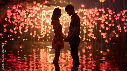 un couple amoureux se tient par les mains sur un fond de cœurs lumineux rose et dans de l'eau