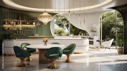 modern kitchen interior, oval luxurious architectonic mid century kitchen with full amenities and dining lounge area, geometric shapes, rich materials, detailing, bright, green white gold, natural lig photo