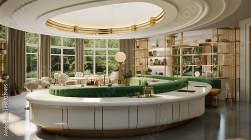 modern kitchen interior, oval luxurious architectonic mid century kitchen with full amenities and dining lounge area, geometric shapes, rich materials, detailing, bright, green white gold, natural lig photo