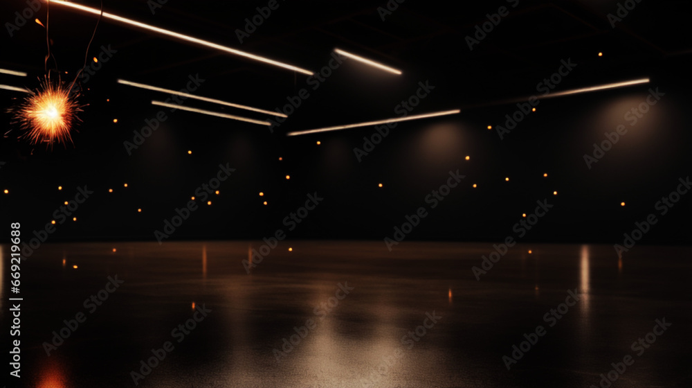 cinematic,Simple black background, flying sparks, concrete floor