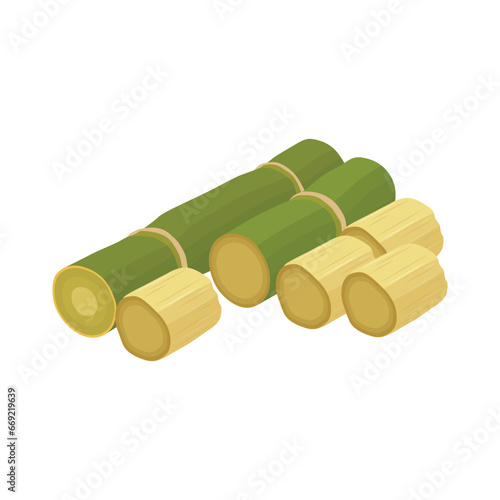 Sets of sugarcane stem and leaves. Green and violet sugar cane plant sliced. Cut saccharum officinarum and sweet juice. Agriculture industry healthy product. Fresh and raw sugarcane icon, logo, vector