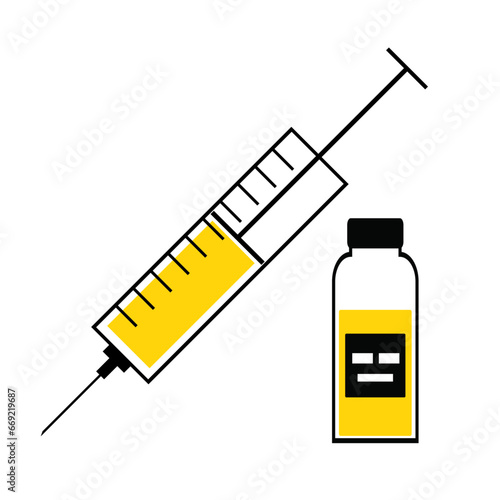 Medical syringe with needle and vaccine vial vector icon. Injection, Isolated, Recolorable. 