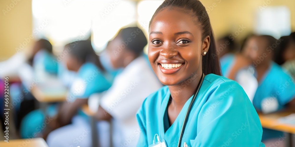 AI Generated. AI Generative. Black color skin afro nurse doctor student at hospital. Graphic Art AI Generated. AI Generative. Black color skin afro nurse doctor student at hospital. Graphic Art