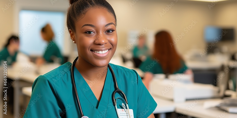 AI Generated. AI Generative. Black color skin afro nurse doctor student at hospital. Graphic Art AI Generated. AI Generative. Black color skin afro nurse doctor student at hospital. Graphic Art
