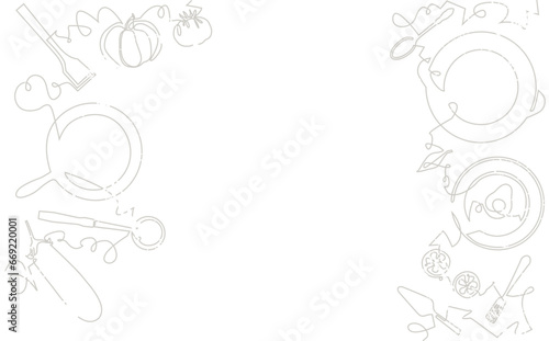Vector background with Food and Utensili in continuous line drawing style and empty space for text. Culinary graphic design element.