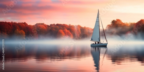 a picture of a sailboat on a misty dawn lake, beatiful autumn scenario photo