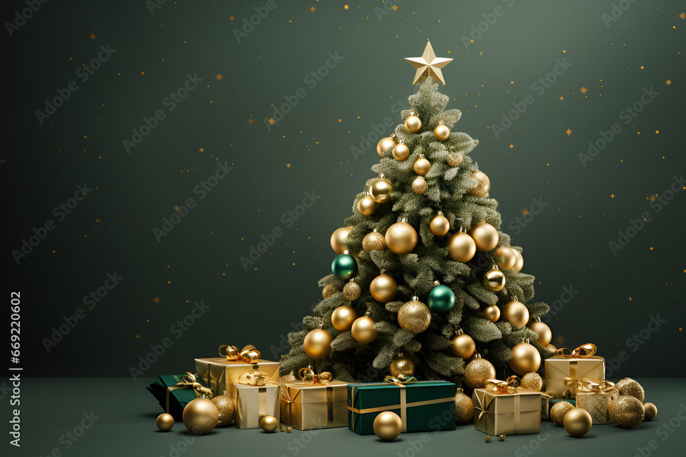 Decorated with golden balls Christmas tree with gifts on green background with space for text. Christmas holiday card