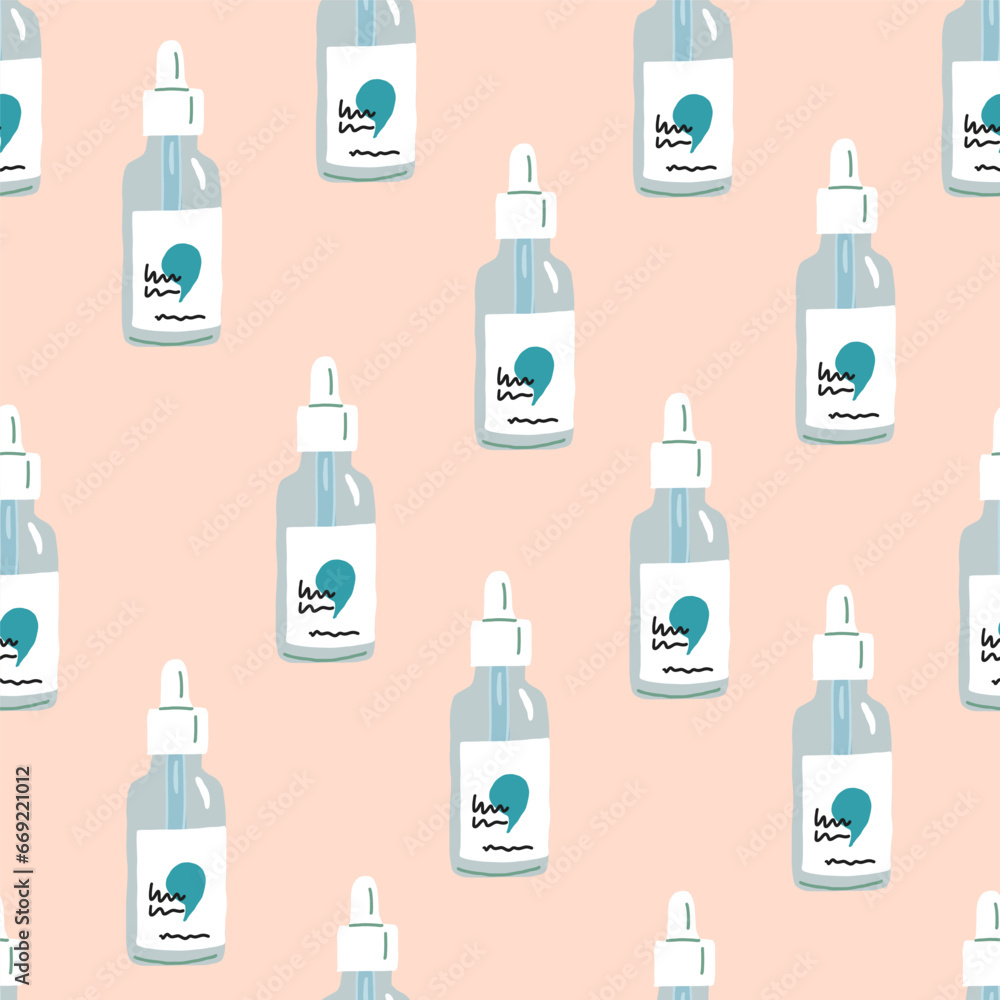 Vector seamless pattern with glass bottle with daycare serum, skin routine pattern. Vector illustration Vector seamless pattern with glass bottle with daycare serum, skin routine pattern. Vector illustration