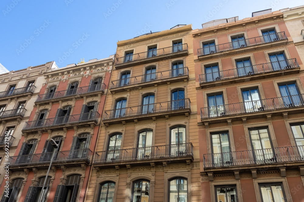 Facade of old apartment buildings in el Eixample, Barcelona, Catalonia, Spain, Europe