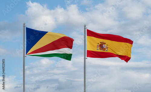 Spain and Seychelles flags, country relationship concept