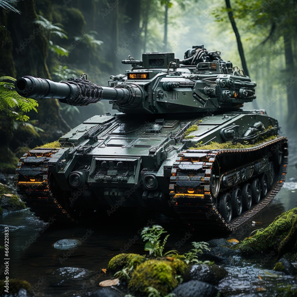 War Tank passing through the wet and muddy forest, AI Generative,AI War Tank passing through the wet and muddy forest, AI Generative,AI