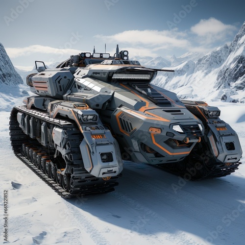 concept model of a red and black military war vehicle in the snowy mountains, AI generative