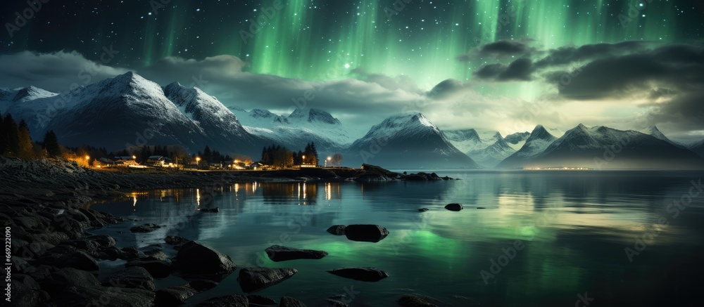view of the green Aurora borealis over the sea, steep mountains, at night. Starry sky. Night view with aurora, reflection.