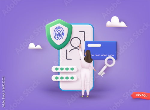 Security system in smartphone. Mobile phone with passcode screen and face recognition app icon. 3D Web Vector Illustrations. © Olesia_g