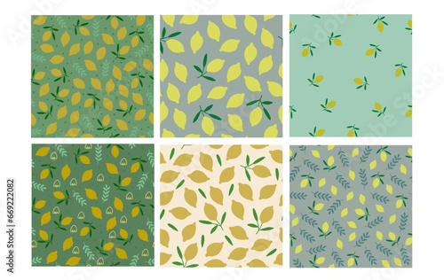 Vector set of seamless patterns with lemons, kitchen food pattern in green and beige colors. Juicy pattern. Vector illustration
