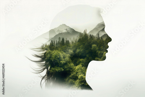 People and nature concept. Double exposure portrait of woman with green forest, creative artwork photo
