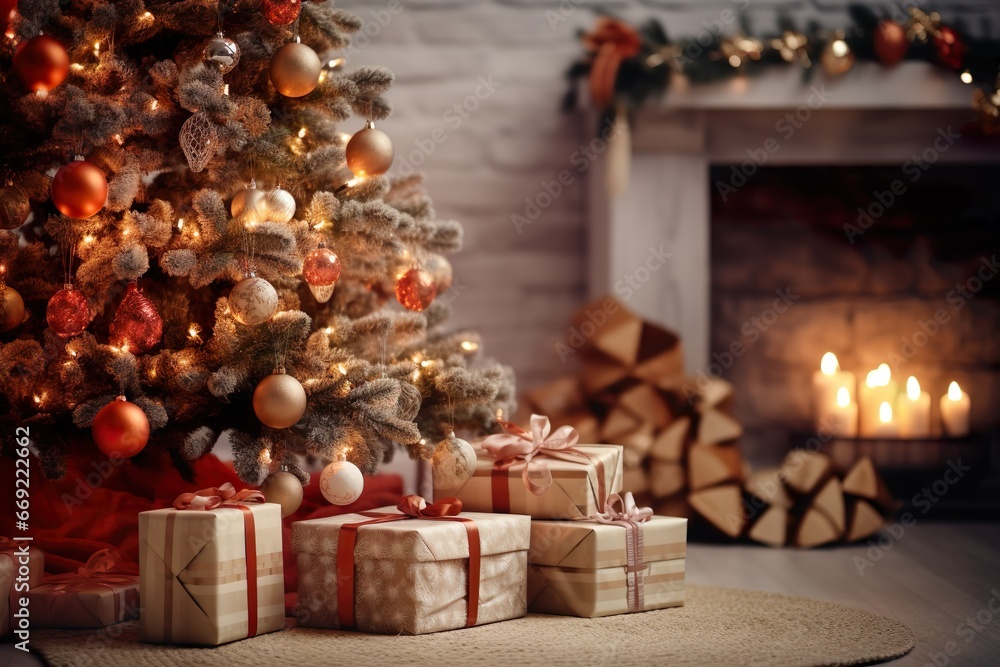 Weihnachtsgeschenke liegen in einem gemütlichen Wohnzimmer unter dem Baum Weihnachtsgeschenke liegen in einem gemütlichen Wohnzimmer unter dem Baum