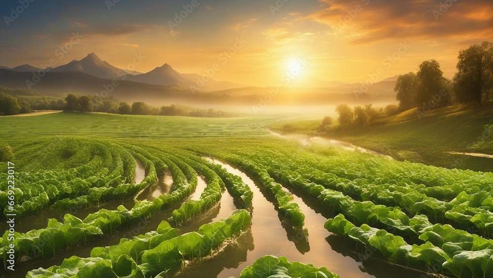 plantation in the morning farmers grow their crops long thin vegetable gardens which float river - obrazy, fototapety, plakaty 