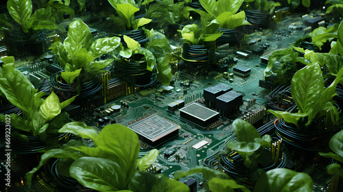 Green plants grow among circuit boards. Nature meets technology. Chips, wires, leaves intertwine, showing harmony between organic and digital